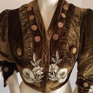 Vintage 1910's VICTORIAN EDWARDIAN Cocoa Brown VELVET FLORAL PUFF Sleeve Jacket